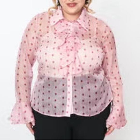 Smak Parlour Curve Pink Strawberries Stripe sheer Ruffle Blouse 2XL - Picture 2 of 7